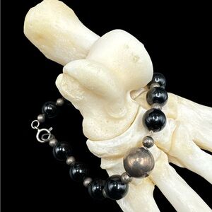 Vintage Sterling Silver Onyx Navajo Pearl Silver Ball Bracelet 7.5”